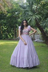 Lilac Purple Georgette Sequins Multithreaded Embroidered Gown