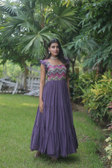 Classic Purple Faux Georgette Sequins Multithreaded Embroidered Gown