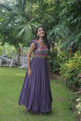 Classic Purple Faux Georgette Sequins Multithreaded Embroidered Gown