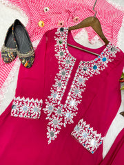 Shining Pink Color Embroidery With Real Mirror Work  Pant With Duatta