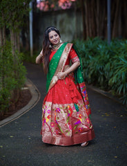 Traditional Wear Red Jacquard Silk With Weaving Zari Work Lehenga Choli