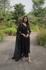 Outstanding Black Color Alia Cut Kurti Set With Embroidered Dupatta Salwar Suit