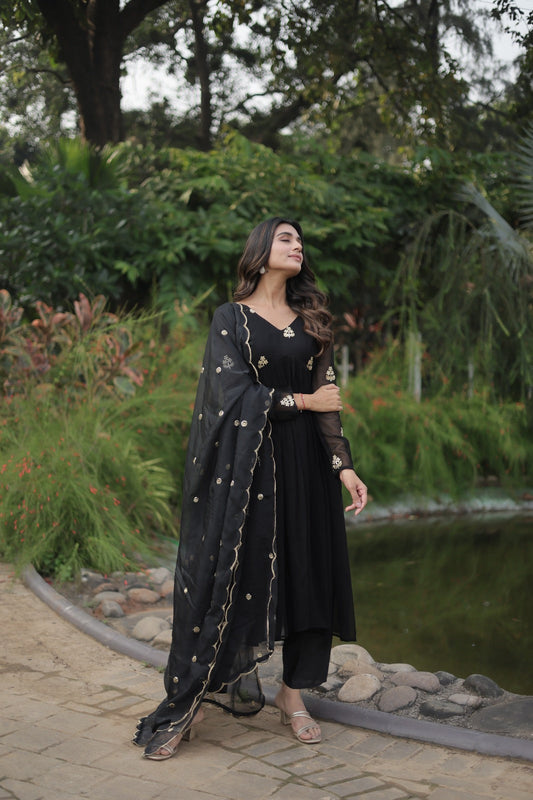 Outstanding Black Color Alia Cut Kurti Set With Embroidered Dupatta Salwar Suit