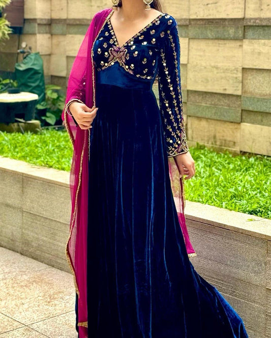 Marvelous  Blue Color Velvet Sequence Gown With Dupatta