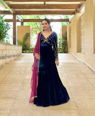 Marvelous  Blue Color Velvet Sequence Gown With Dupatta