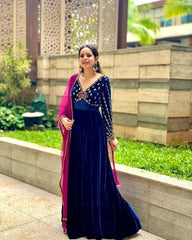 Marvelous  Blue Color Velvet Sequence Gown With Dupatta