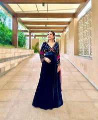 Marvelous  Blue Color Velvet Sequence Gown With Dupatta