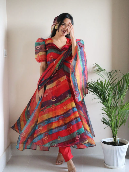 Amazing Multi Color Printed Organza Anarkali Suit