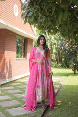 Luxuriant Pink Russia Silk Digital Print With Embroidery Work Gown