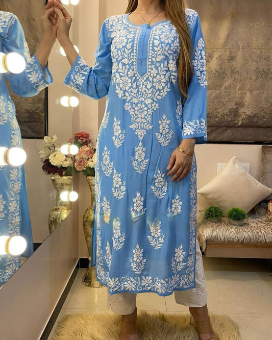 Admiring  Chinestich Work  Sky Blue Color Top With Pent