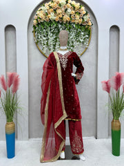 Glimmering  Red Color Viscos velvet Thread With Sequence Work Salwar Suit