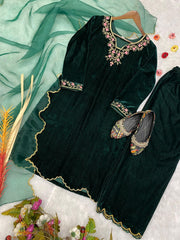 Unique Dark Green Velvet With Embroidery  Work Sharara Suit