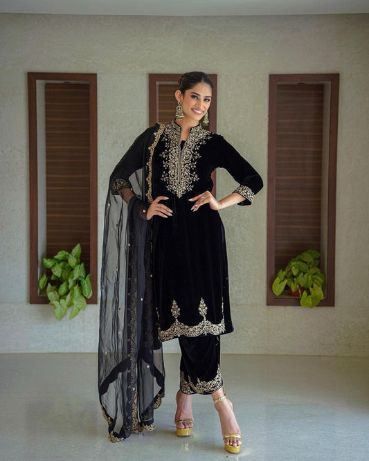 Amazing Black Color Heavy Embroidery Sequence Work Velvet Suit