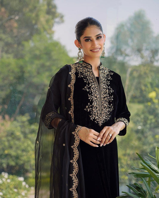 Amazing Black Color Heavy Embroidery Sequence Work Velvet Suit