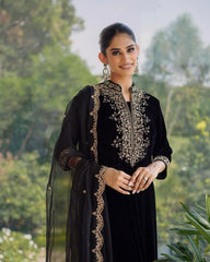 Amazing Black Color Heavy Embroidery Sequence Work Velvet Suit