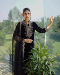 Amazing Black Color Heavy Embroidery Sequence Work Velvet Suit