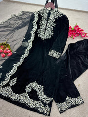 Amazing Black Color Heavy Embroidery Sequence Work Velvet Suit