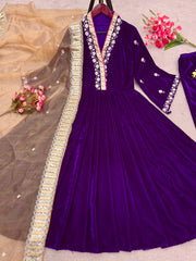 Fantastic  Purple Color Viscose  Velvet Embroidery Sequence Work Gown