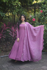 Embellished Pupal Color Georgette  Sequins-Multi & Thread Embroidered Work Long Gown