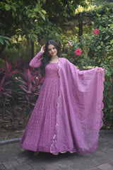 Embellished Pupal Color Georgette  Sequins-Multi & Thread Embroidered Work Long Gown