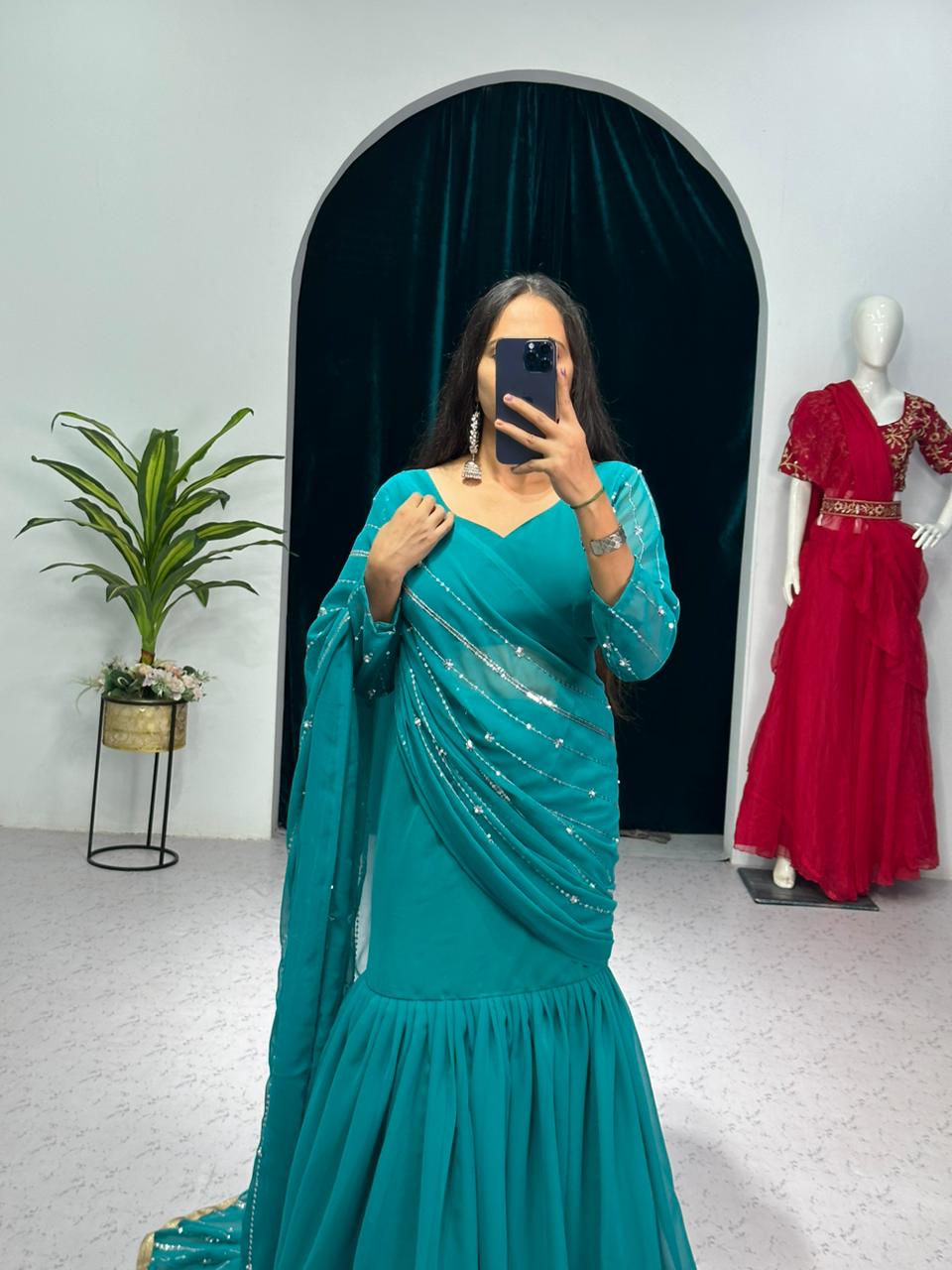 Fashionable Aqua Blue Color Lehenga Saree