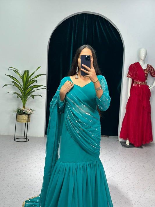 Fashionable Aqua Blue Color Lehenga Saree