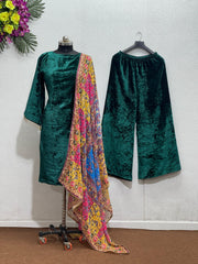 Beautiful  Plain Velvet Green Suit With Print Work Dupatta