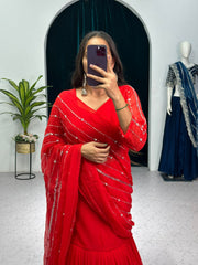 Fashionable  Red  Color Lehenga Saree