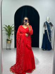 Fashionable  Red  Color Lehenga Saree