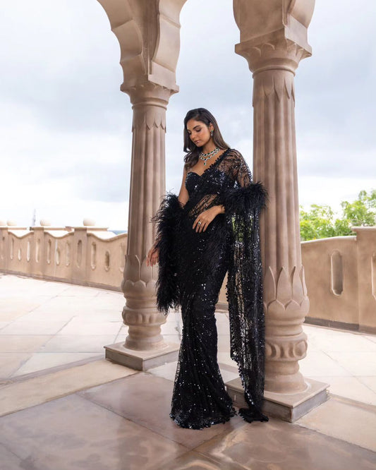 Admiring Black Color Mono Net Sequins Embroidery work Saree