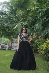 Luxuriant Black Color Blooming  Sequins Embroidered work Gown