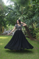 Luxuriant Black Color Blooming  Sequins Embroidered work Gown