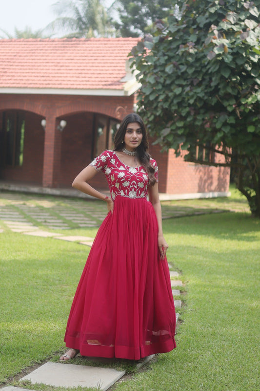 Luxuriant Pink Color Blooming  Sequins Embroidered work Gown