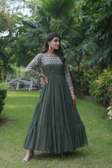 Luxuriant Mahendi Color Blooming Embroidery Zari Sequins Work Gown