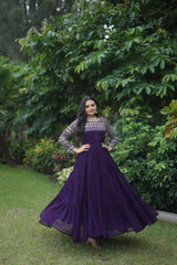 Luxuriant Wine Color Blooming Embroidery Zari Sequins Work Gown