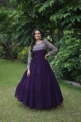 Luxuriant Wine Color Blooming Embroidery Zari Sequins Work Gown