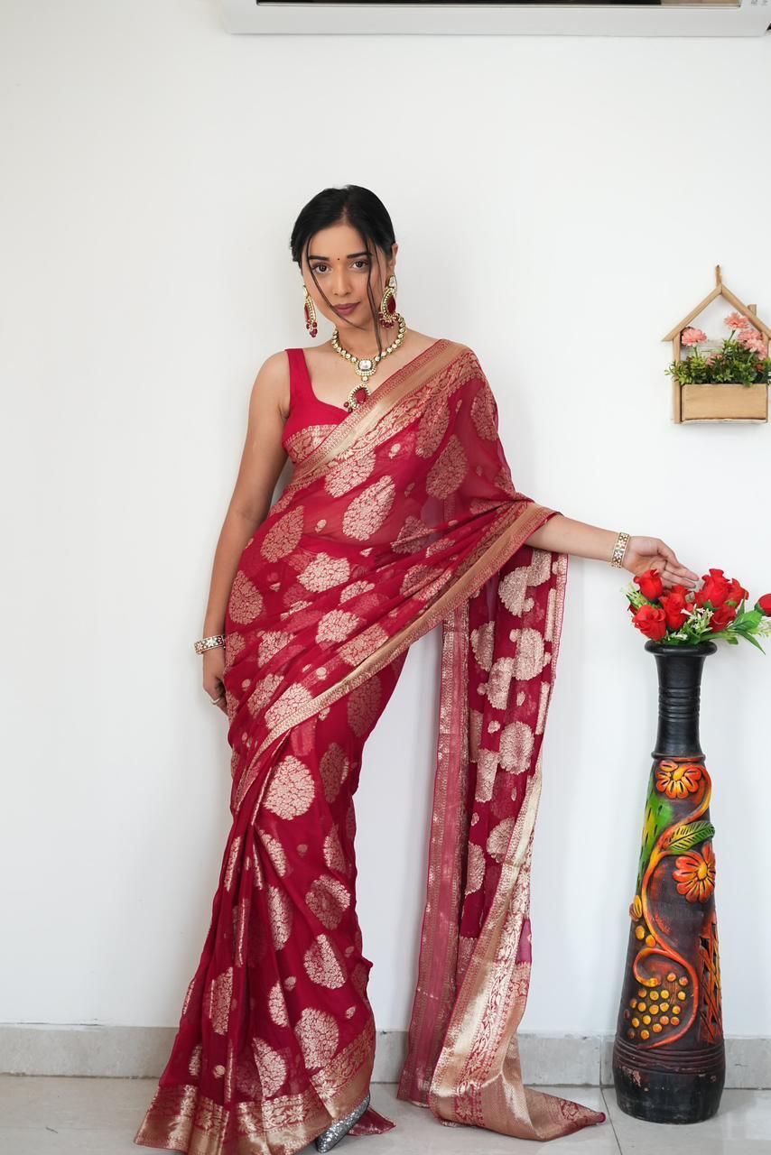 Outstanding  Red Color Lilan Slab Rich Weaving Saree