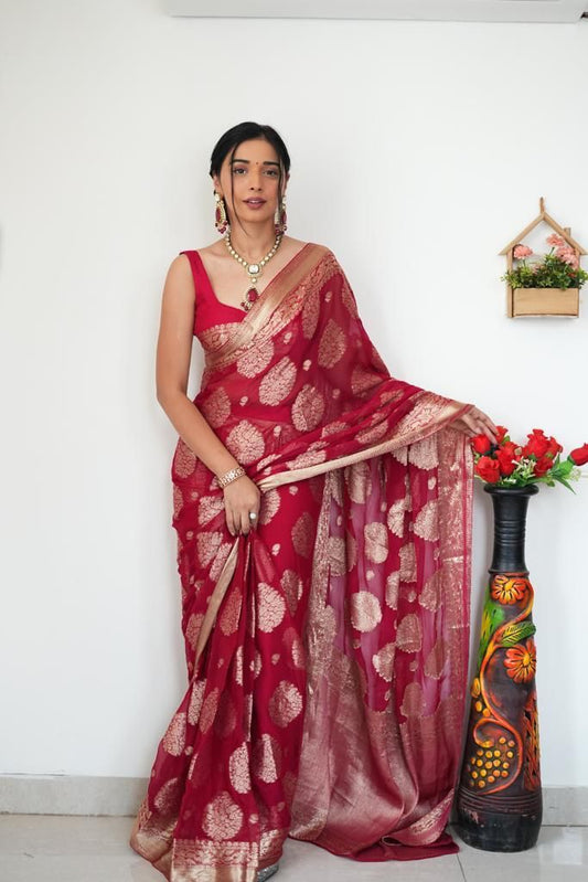 Outstanding  Red Color Lilan Slab Rich Weaving Saree