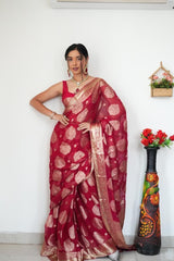 Outstanding  Red Color Lilan Slab Rich Weaving Saree