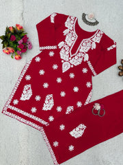 Charming Red Color  Reyon Chain Top With Palzoo