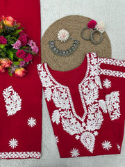 Charming Red Color  Reyon Chain Top With Palzoo