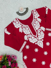 Charming Red Color  Reyon Chain Top With Palzoo
