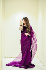 Captivating  Pupal Color Velvet Saree  With Embroidery Moti Work Blouse