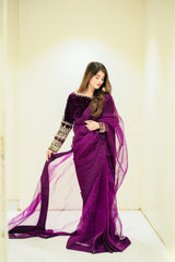 Captivating  Pupal Color Velvet Saree  With Embroidery Moti Work Blouse