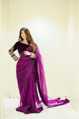 Captivating  Pupal Color Velvet Saree  With Embroidery Moti Work Blouse