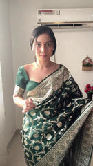 Outstanding  Green Color Cotton Silk Rich Weaving Saree