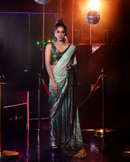 Captivating  Piasta green Sequins Work Saree