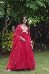 Luxuriant Red Color  Blooming Embroidery Zari Sequins Work Gown