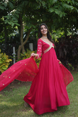 Luxuriant Red Color  Blooming Embroidery Zari Sequins Work Gown