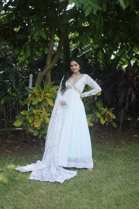 Luxuriant White Color  Blooming Embroidery Zari Sequins Work Gown